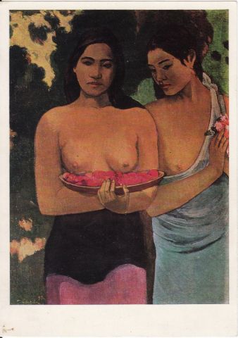 tahitian women with mangos soviet postcard
